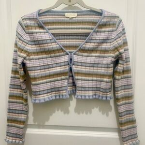 Y2K Striped Cropped Tie Front Cardigan M Soft Girl Coquette Top